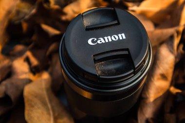 bogor,indonesia - 07 july 2021 : canon lens on a pile of dry leaves with morning light