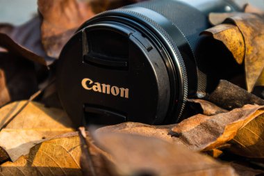 bogor,indonesia - 07 july 2021 : canon lens on a pile of dry leaves with morning light