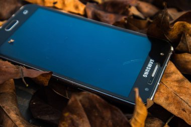 bogor,indonesia - 07 july 2021 : samsung mobile on a pile of dry leaves with morning light
