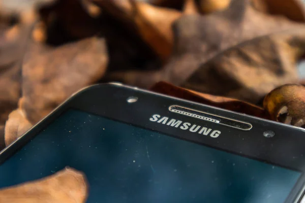 bogor,indonesia - 07 july 2021 : samsung mobile on a pile of dry leaves with morning light
