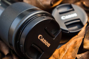 bogor,indonesia - 07 july 2021 : canon lens on a pile of dry leaves with morning light
