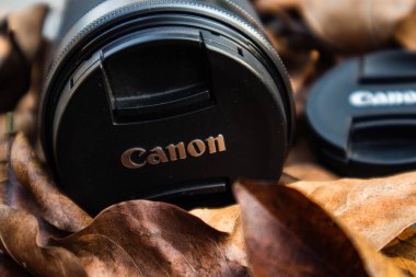 bogor,indonesia - 07 july 2021 : canon lens on a pile of dry leaves with morning light