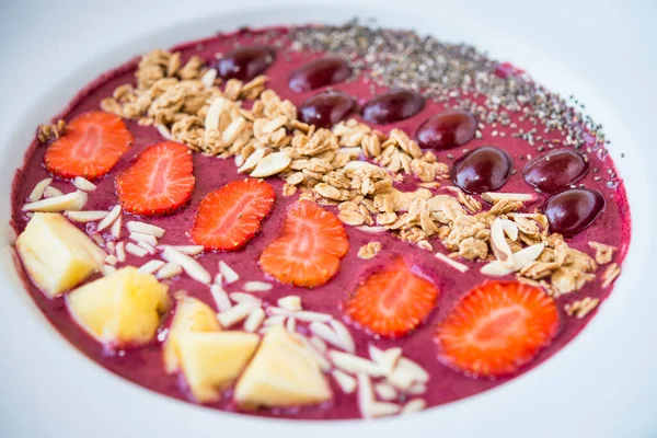 Smoothie Bowl Blended Berry Yogurt Pineapple Grapes Strawberry Chia Seed — Stock Photo, Image