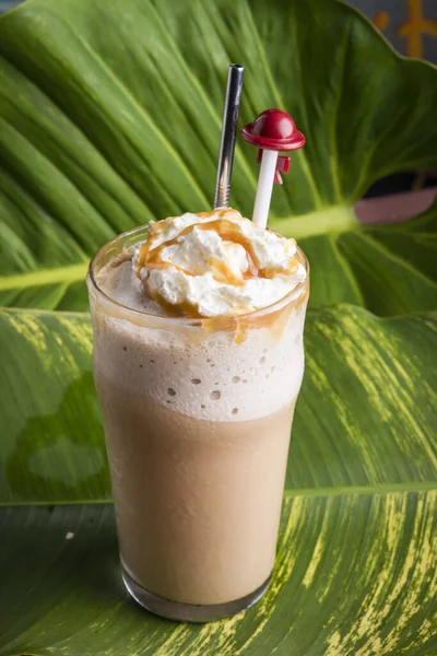 iced coffee drink frappe with tropical green leaf as background