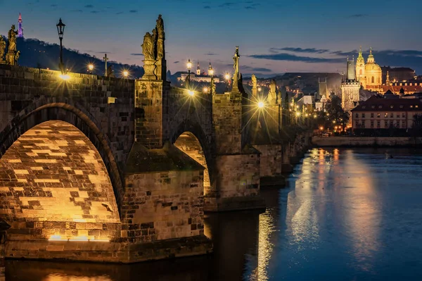 Sunrise over Prague - look from Charles bridge — Stock Photo, Image