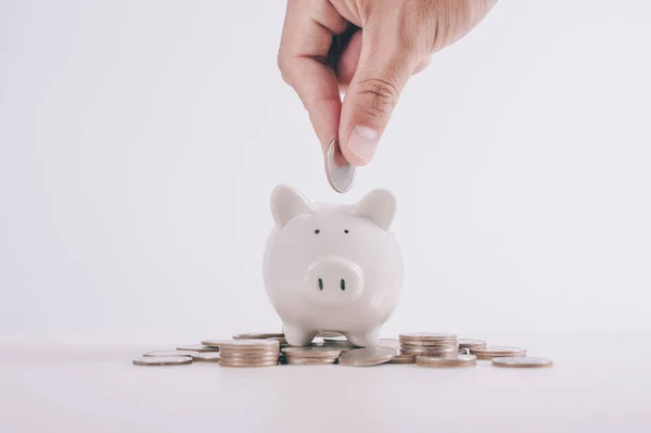 Homem Negócios Segurando Moedas Colocando Vidro Conceito Economia Dinheiro Para — Fotografia de Stock