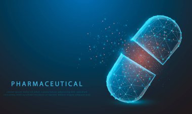 Haplar. Mavi arka planda soyut çokgen kablo ışık kapsülü. Tıbbi, eczane, sağlık, vitamin, antibiyotik, ilaç, tedavi konsepti çizimi. parlayan mavi veya düşük çokgen.