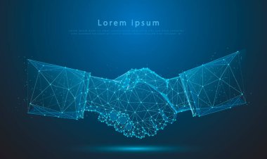 Işıl ışıl mavi iş tokalaşmasının soyut görüntüsü. Düşük çokgen, parçacık ve üçgen stili dizayn. Kablo çerçevesi ışık bağlantı yapısı veya noktaları, çizgiler ve gezegenler, yıldızlar şeklinde şekiller.