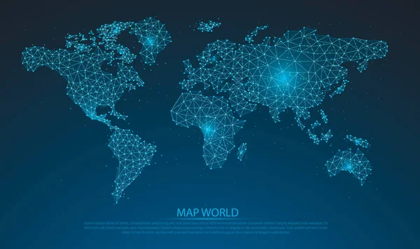 Mavi arkaplanda dünya haritası olan soyut püre çizgileri ve noktalı pullar. parlayan mavi 3D çokgen ağ hattı, tasarım küresi, nokta ve yapı. Vektör illüstrasyonu 10.