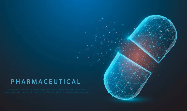 Haplar. Mavi arka planda soyut çokgen kablo ışık kapsülü. Tıbbi, eczane, sağlık, vitamin, antibiyotik, ilaç, tedavi konsepti çizimi. parlayan mavi veya düşük çokgen.
