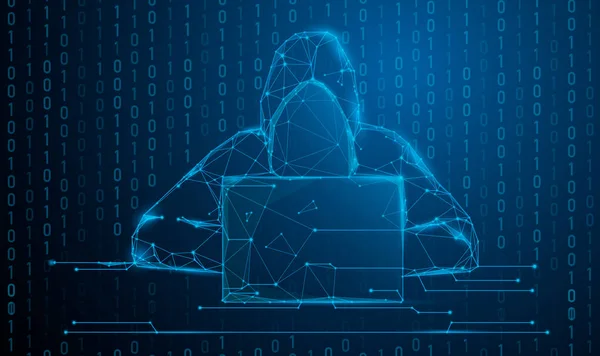 Hackleme ve kötü amaçlı yazılım konsepti. Hacker ikili kod dijital arayüzü olan soyut bir dizüstü bilgisayar kullanıyor. Düşük çokgen, parçacık ve üçgen biçim tasarımları. Kablo çerçeve ışık bağlantı yapısı.