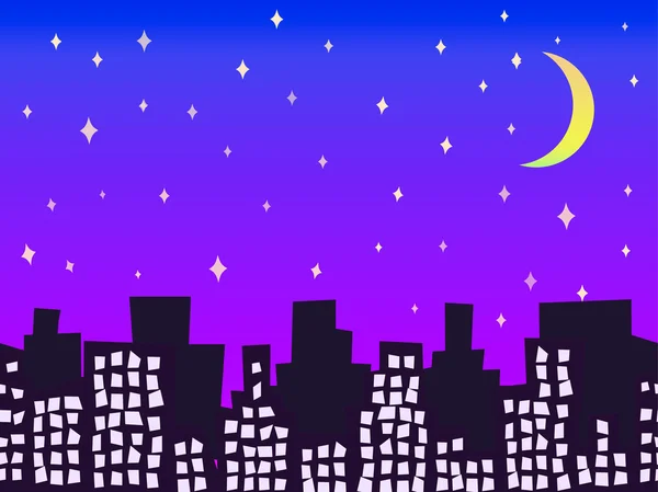 Σιλουέτα της πόλης τη νύχτα με αστέρια και το φεγγάρι άνευ ραφής διανυσματικά εικονογράφηση — Διανυσματικό Αρχείο