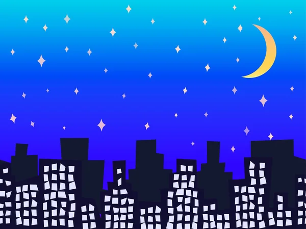 City silhouette at night with stars and moon seamless vector illustration — Stock Vector