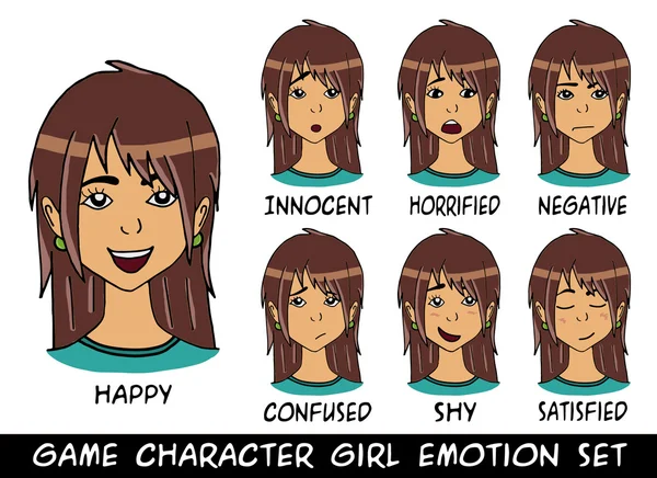 Charakter gry dziewczyna brązowe włosy emocje zestaw — Wektor stockowy
