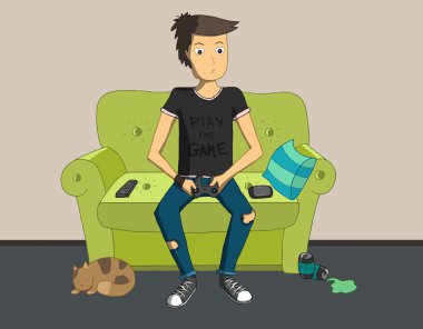 Gamer sitting at home and playing video games clipart