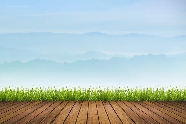 Трава на деревянном полу и горном фоне — стоковое фото