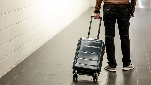 Travel Insurance Concept Male Tourist Carrying Suitcase Luggage Digital Tablet — Stock Photo, Image