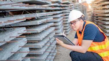 İnşaat alanındaki projeleri planlamak ve kontrol etmek için dijital tablet kullanan koruyucu kasklı ve yansıtıcı yelekli akıllı Asyalı işçi ya da erkek inşaat mühendisi..