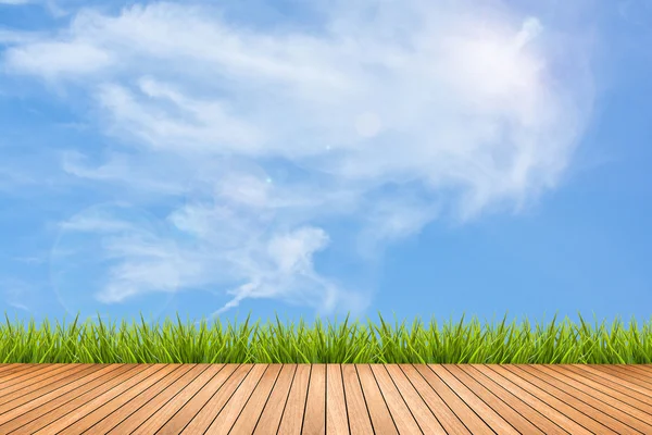 Wood mönster och gräs under himmel — Stockfoto