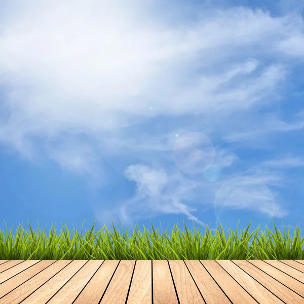 Piso de madeira e grama sob o céu — Fotografia de Stock