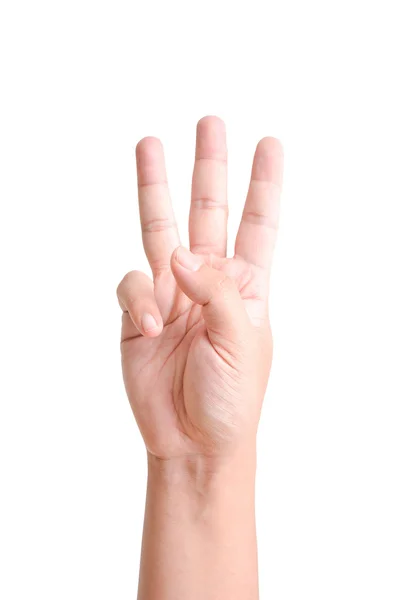 Mão com três dedos para cima isolado em branco — Fotografia de Stock