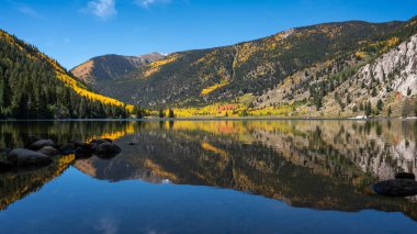 Cottonwood Gölü 'nde sonbahar mevsiminde açık mavi gökyüzüne karşı dağ manzaralı güzel bir gölün yansıması. Colorado, ABD 'de sonbahar yeşillik manzarası