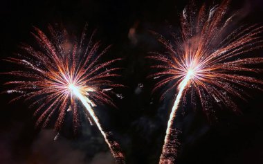 Tatil boyunca gökyüzünde farklı renklerde renkli havai fişekler..