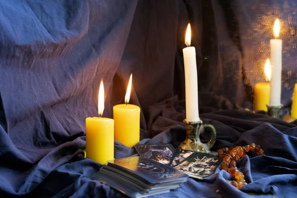 Candles Fortune Telling Cards Mystical Halloween Evening Upholstery Fabric — Stock Photo, Image