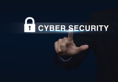 Sanal ekran üzerinde Technolo güvenlik düğmesine basarak işadamı