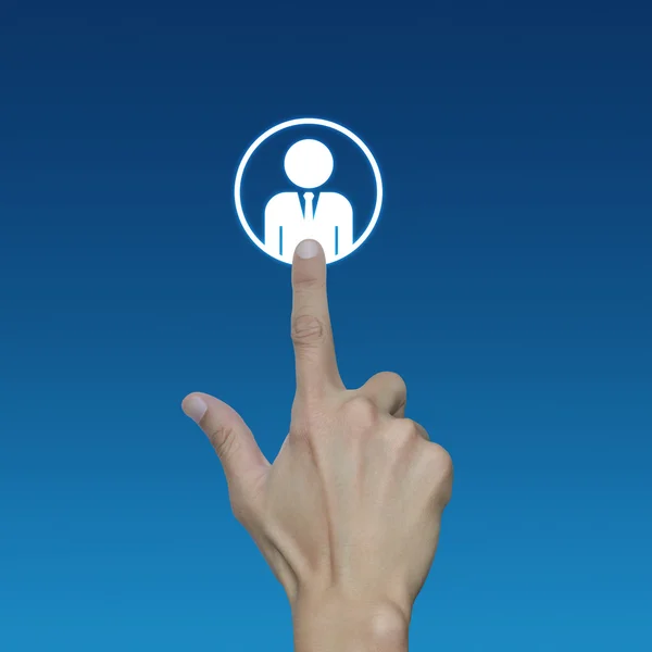Χέρι κάντε κλικ στο εικονίδιο του επιχειρηματία πάνω από το μπλε φόντο, σύνδεση con — Φωτογραφία Αρχείου