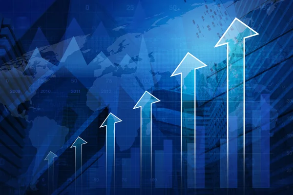 Cabeza de flecha con gráfico financiero y mapa sobre fondo de ciudad, Succ — Foto de Stock