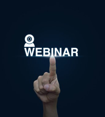 Mavi arka plan, seminer online webinar düğmesine basarak el 