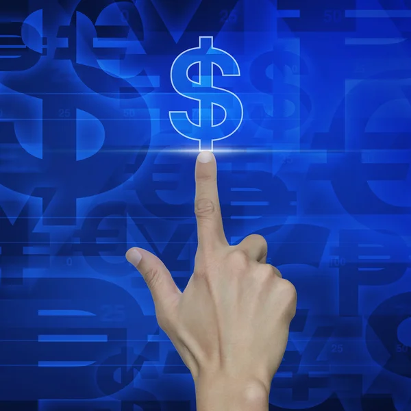 Рука натискає піктограму доларової валюти на фоні синьої валюти — стокове фото