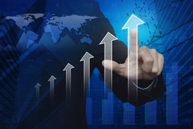 Harita, grafik ve CI üzerinde beyaz ok başı iterek işadamı el