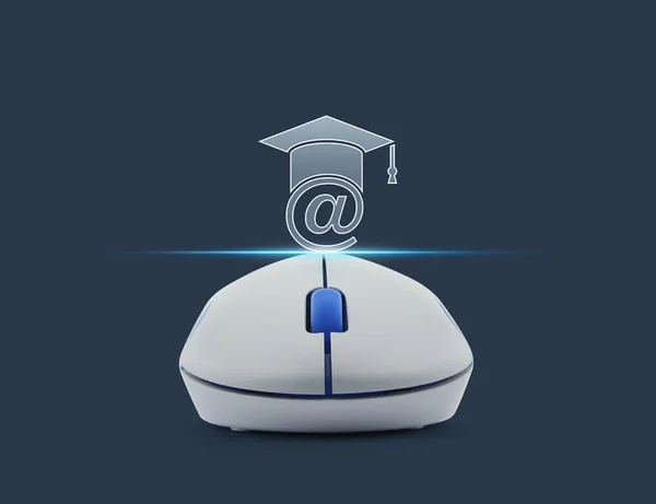 Wireless computer mouse with e-learning icon over blue backgroun — Stock Photo, Image