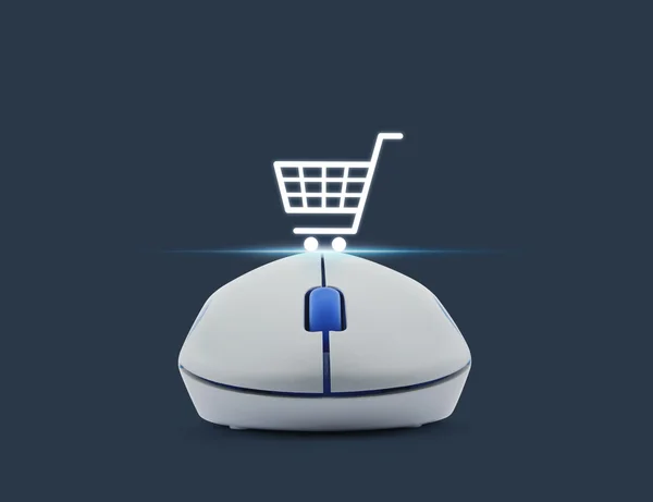 バックの青を介してオンライン ショッピング アイコンがワイヤレス コンピューター マウス — ストック写真