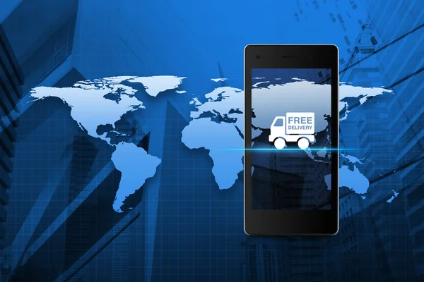 Fri leverans lastbil ikonen på moderna smarta telefonen skärm över karta en — Stockfoto