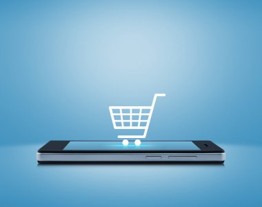 Modern akıllı telefon ekran açık mavi üzerinde alışveriş sepeti simgesine 