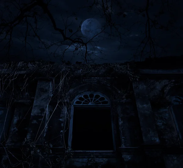 Antiguo castillo ventana antigua con árbol muerto sobre la luna y sk nublado — Foto de Stock