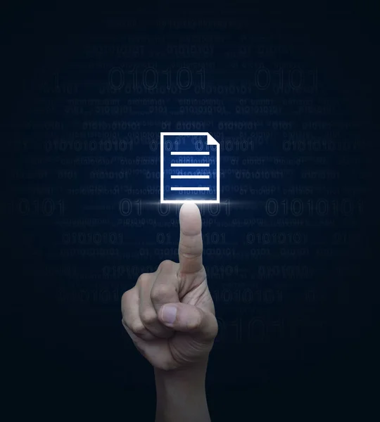 Hand pressing document icon over computer binary code blue backg — Stock Photo, Image