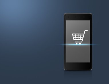 Modern akıllı telefon ekran açık mavi üzerinde alışveriş sepeti simgesine 