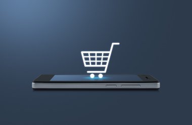 Modern akıllı telefon ekran açık mavi üzerinde alışveriş sepeti simgesine 