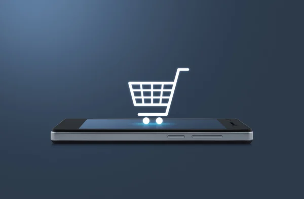 Shopping cart icon on modern smart phone screen over light blue — Stock Photo, Image