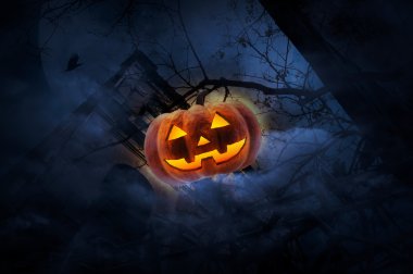 Jack O Lantern kabak eski çit, grunge Kalesi, ölü ağaçlar,