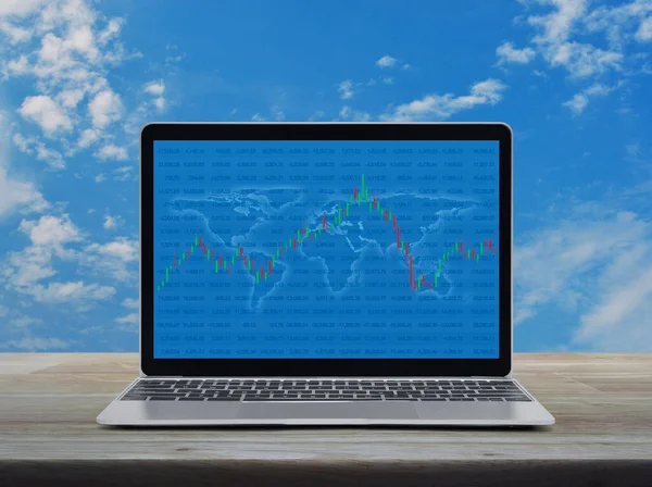 Торговий Графік Фондового Ринку Картою Світу Графіком Сучасному Ноутбуку Дерев — стокове фото