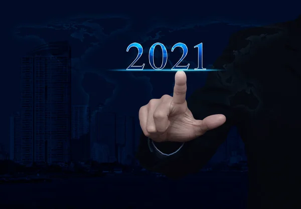 Businessman Pressing 2021 Text World Map Modern City Tower Skyscraper — Stock Photo, Image