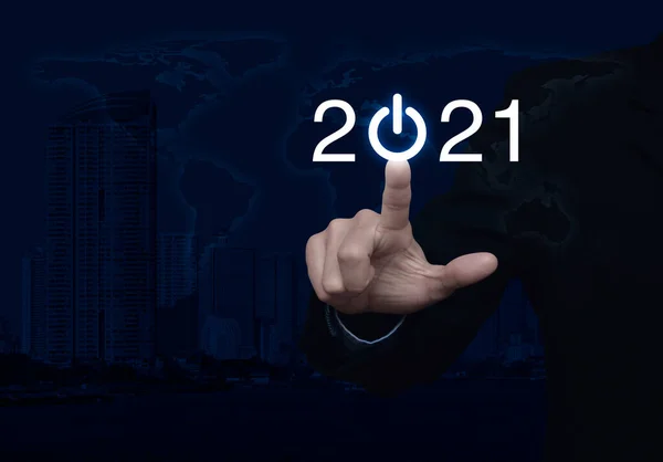 Businessman Pressing 2021 Start Business Flat Icon World Map Modern — Stock Photo, Image