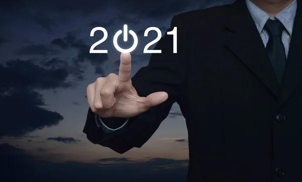 商务人士力促2021年在夕阳的天空上树立起企业扁平的形象 企业喜庆新年的封面理念 — 图库照片