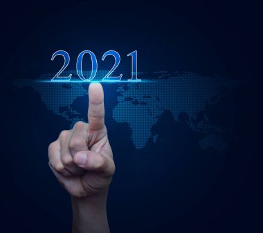 Dijital dünya haritası teknolojisi üzerine el sıkışan 2021 metin, İş Mutlu Yeni Yıl 2021 kapak konsepti, NASA tarafından desteklenen bu görüntünün elemanları