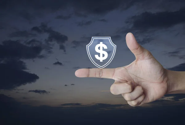 Mano Presionando Dólar Con Escudo Icono Plano Sobre Cielo Puesta —  Fotos de Stock